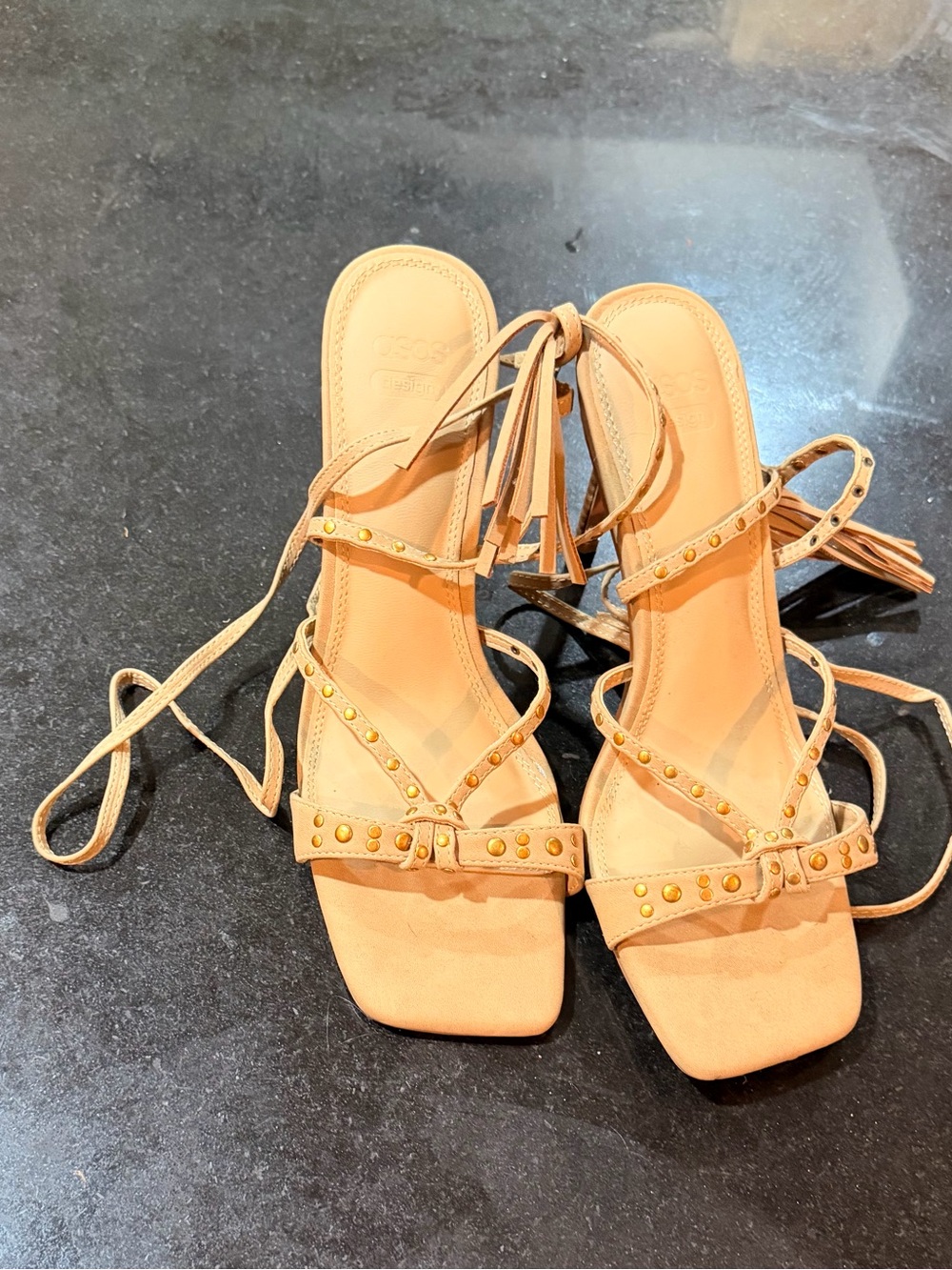 NEW ASOS Tan Studded Lace-Up Sandals with Wrap Ties